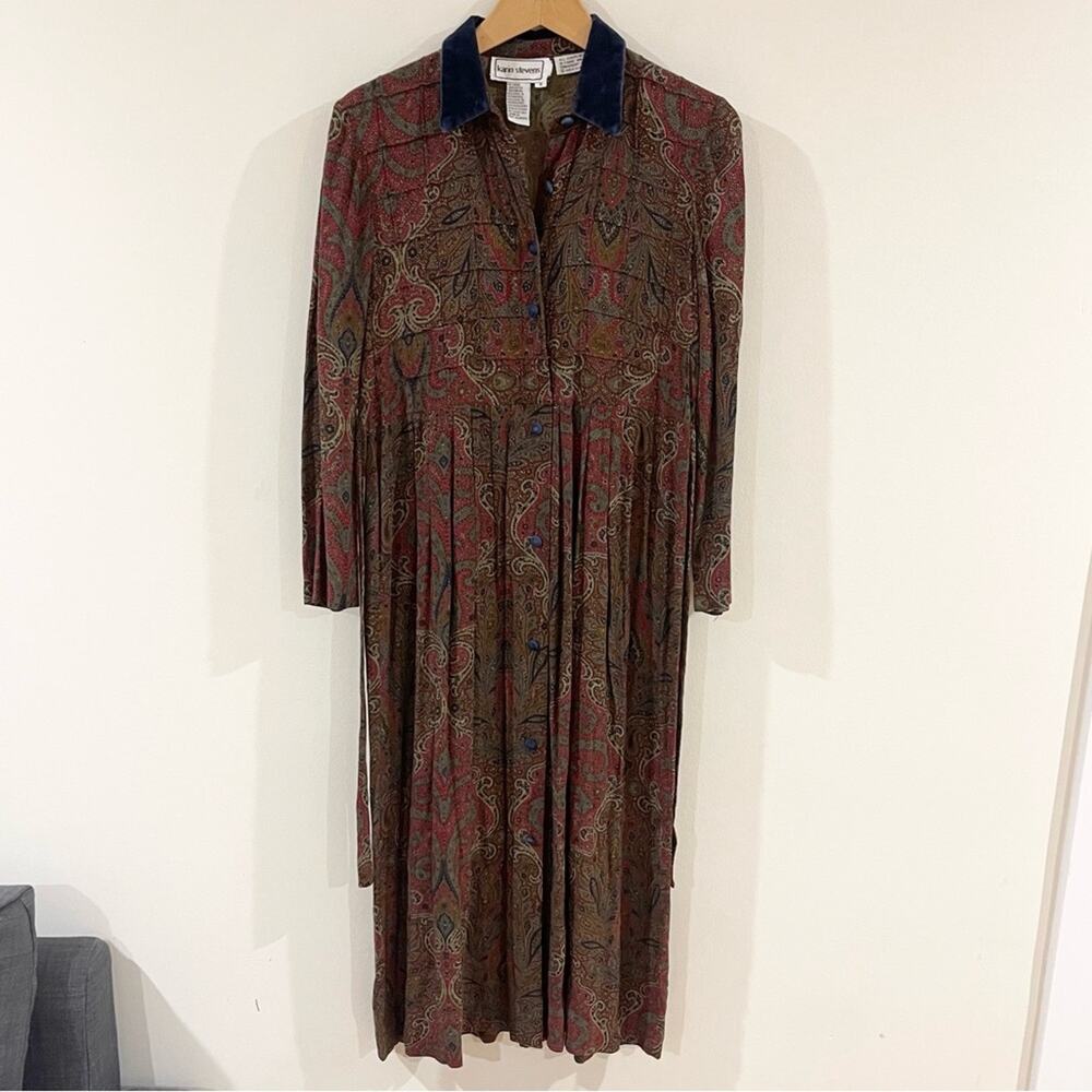 Karin Stevens Vintage Midi Long Sleeve Dress Front Button Closure Velvet Collar